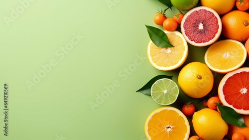 Fresh citrus fruits with leaves on green background, flat lay. Space for text