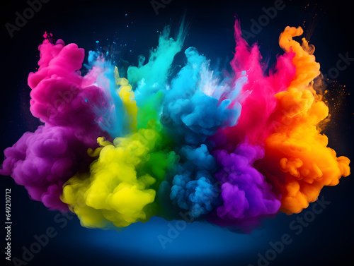 Dramatic capture of multiple colorful powders in mid-explosion. Visualize a black or neutral background acting as a canvas, where vivid powders in vibrant reds, electric blues, sunny yellows, emerald 