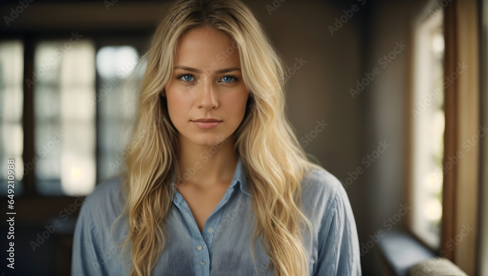 portrait of a blond woman looking straight at the camera, the woman is between 20 and 30 years old portrait of a blond woman looking straight at the camera, the woman is between 20 and 30 years old
