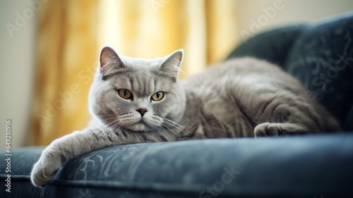British Shorthair cat lying on a sofa and looking at the camera