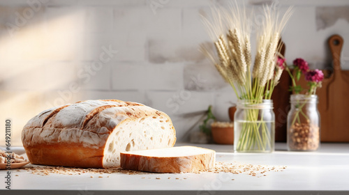 a loaf of bread on plain background, sourdough bread with a piece of linen and wheat, baking class, bakery banner with copy space photo