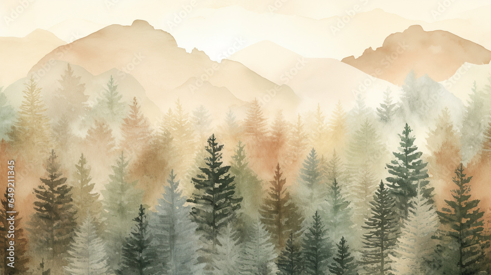 Alpine forest watercolor painting background