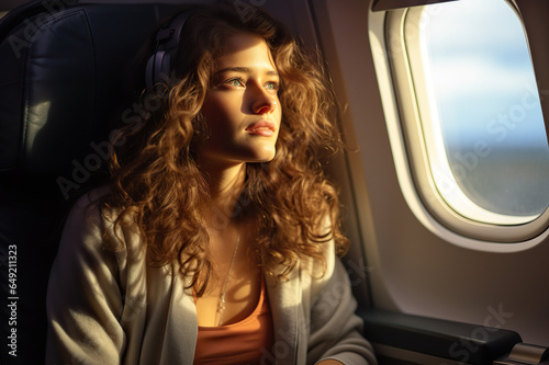 Beautiful American Caucasian Brunette Model Enjoys Aerial Views from Airplane's Window, Embracing First Class Luxury. created with Generative AI © photobuay
