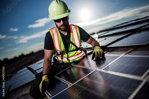Expert engineer installing solar panels, harnessing renewable energy for a sustainable future. Professional eco-friendly service in action