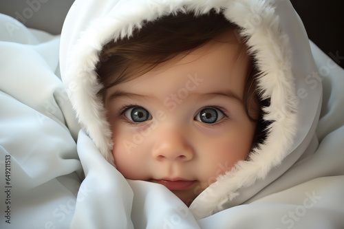 Adorable White Caucasian Baby Wrapped in Soft White Blanket, Perfect for Alluring Advertisements with Big Blue Eyes and Tiny Nose. created with Generative AI