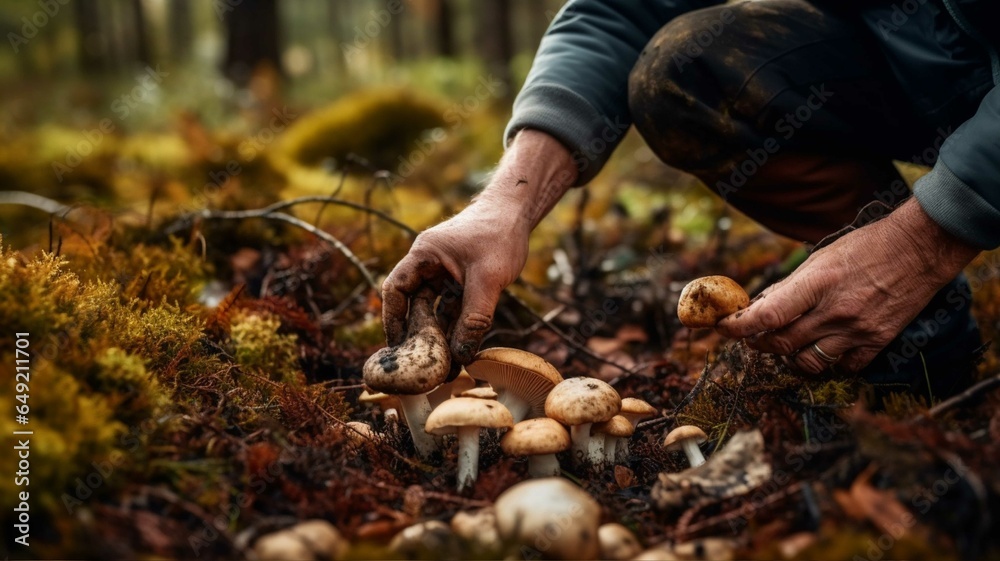 Man picking mushrooms in the forest Autumn season. Selective focus