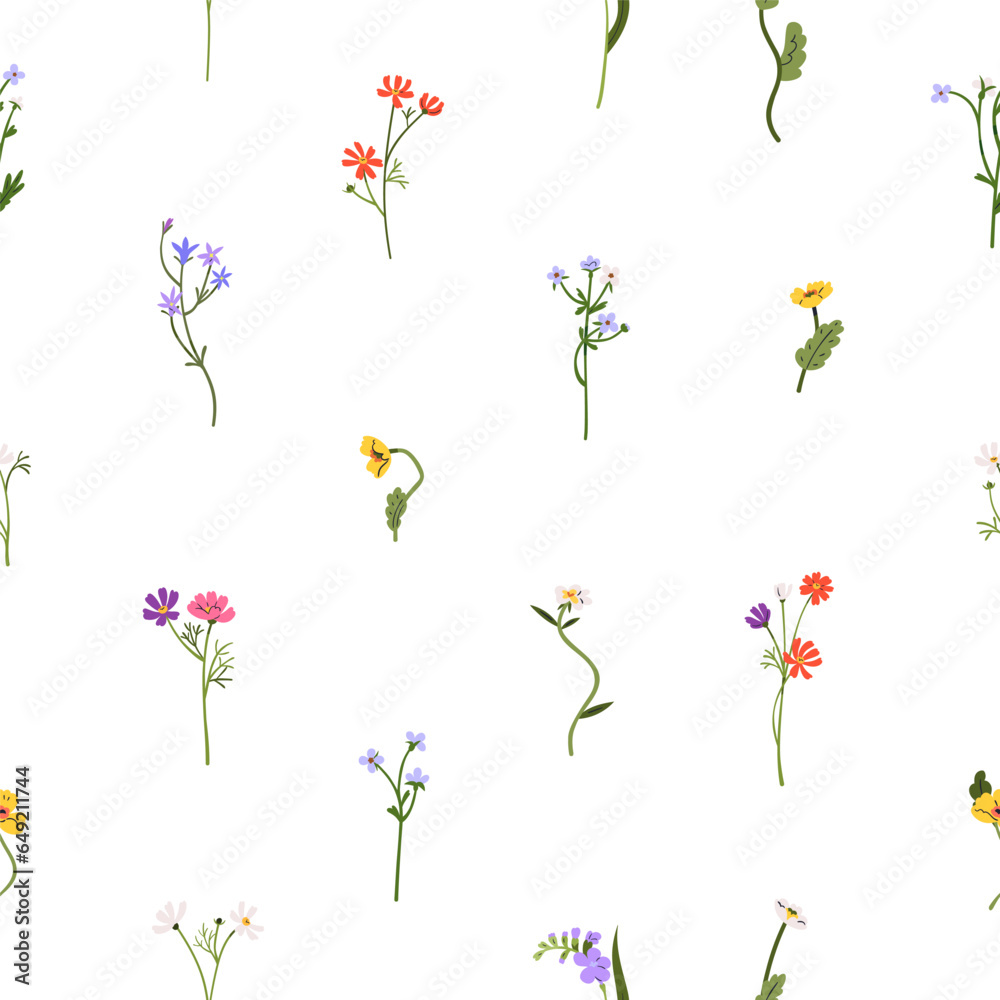 Spring flowers pattern. Seamless botanical floral background. Field plants, delicate wildflowers. Nature repeating print. Colored printable flat graphic vector illustration for wallpaper, fabric