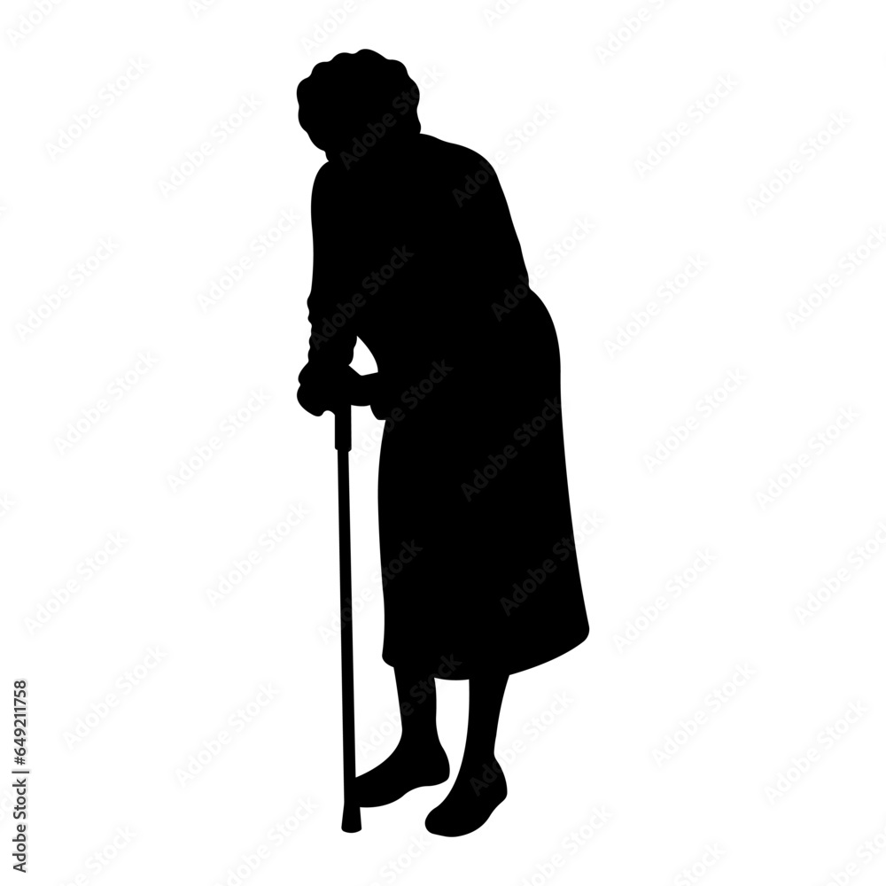 Silhouette of an elderly woman with a cane.Vector illustration. Silhouette of an elderly woman with a cane.Vector illustration.