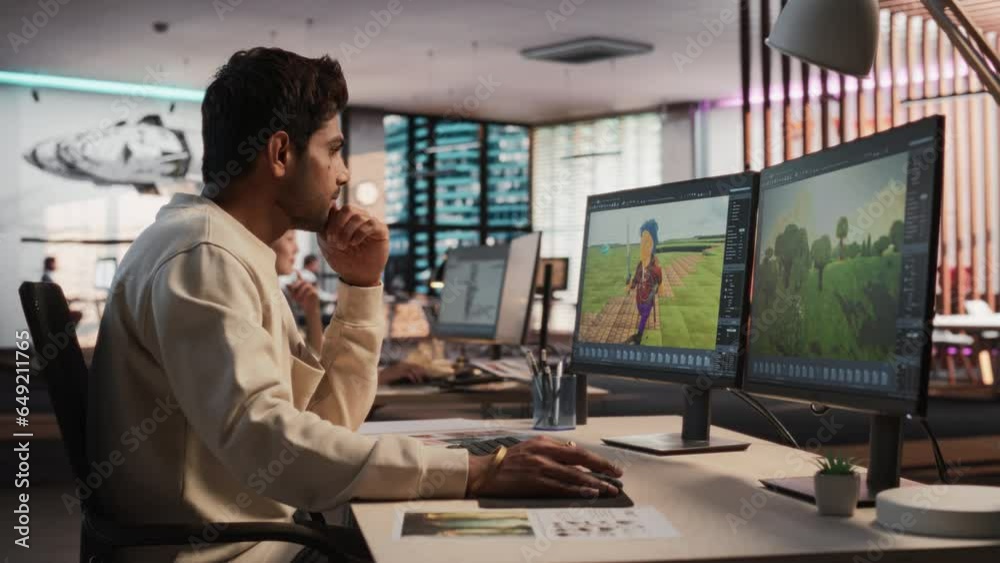 Indian Male Game Designer Using Desktop Computer With 3D modelling ...