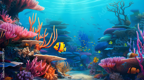 Sea background with tropical fish and coral reefs
