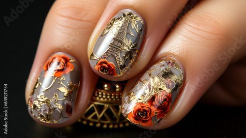 Vibrant close-up of woman's nails artistically adorned with Eiffel Towers and fleur-de-lis patterns, embodying Parisian romance on a plain studio background. photo