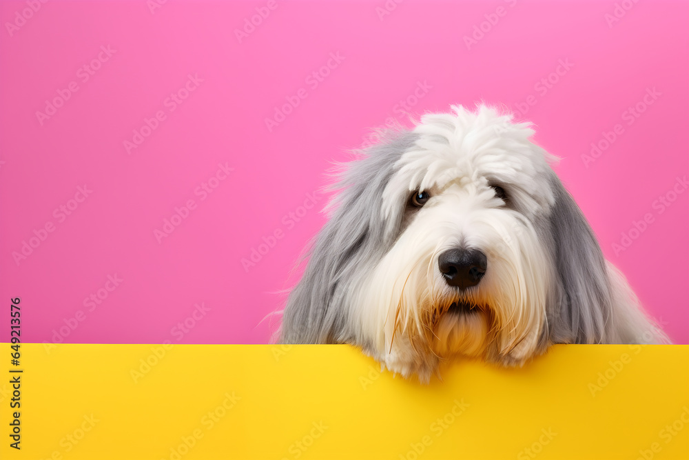 Creative animal concept. Old English Sheepdog dog puppy peeking over pastel bright background. advertisement, banner, card. copy text space. birthday party invite invitation