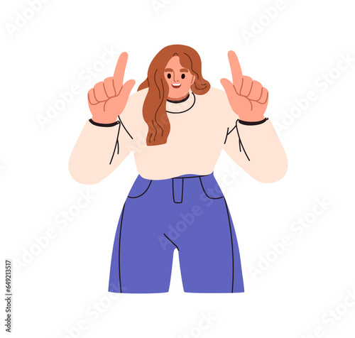 Happy woman showing, pointing up with fingers. Smiling excited person advertising, promoting, presenting something, gesturing with hands. Flat vector illustration isolated on white background