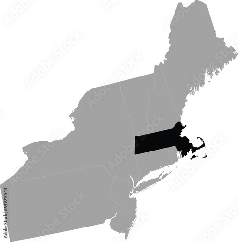 Black Map of US federal state of Massachusetts's within the gray map of Northeast region of United States of America