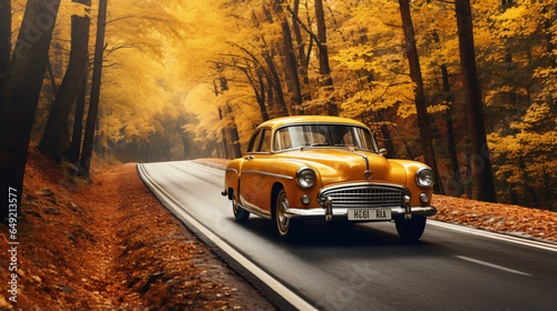 Vintage car driving on the road in the autumn forest