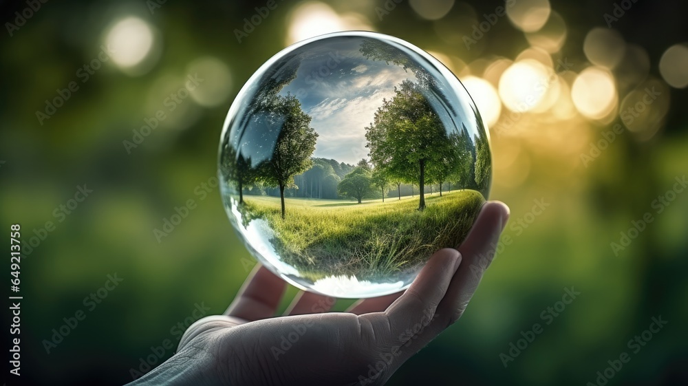 Hand holding a crystal glass sphere with green nature background.