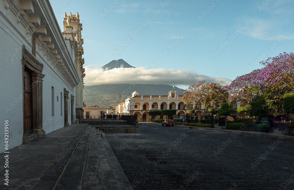 Cathedral San Jose, Antigua, Guatemala with a view of Agua Volcano