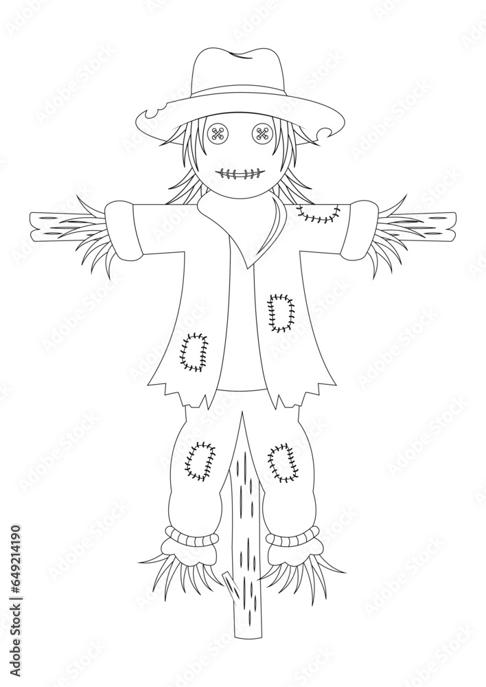 Black and white scarecrows on wooden sticks vector illustration. Coloring page of scarecrows on wooden sticks Black and white scarecrows on wooden sticks vector illustration. Coloring page of scarecrows on wooden sticks