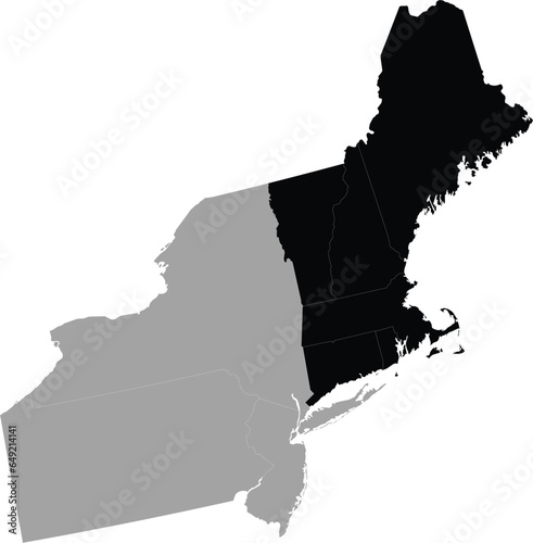 Black Map of US federal states of New England region within the gray map of Northeast region of United States of America