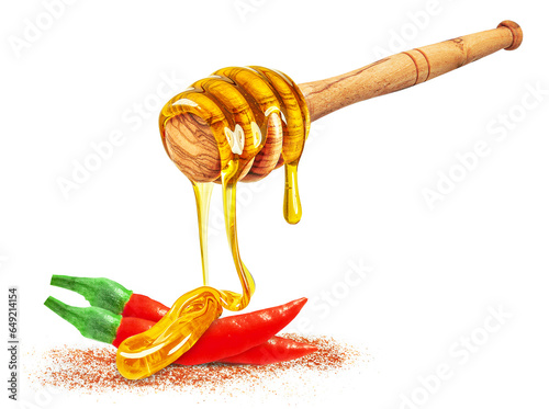 honey dripping on cayenne pepper and isolated on white background