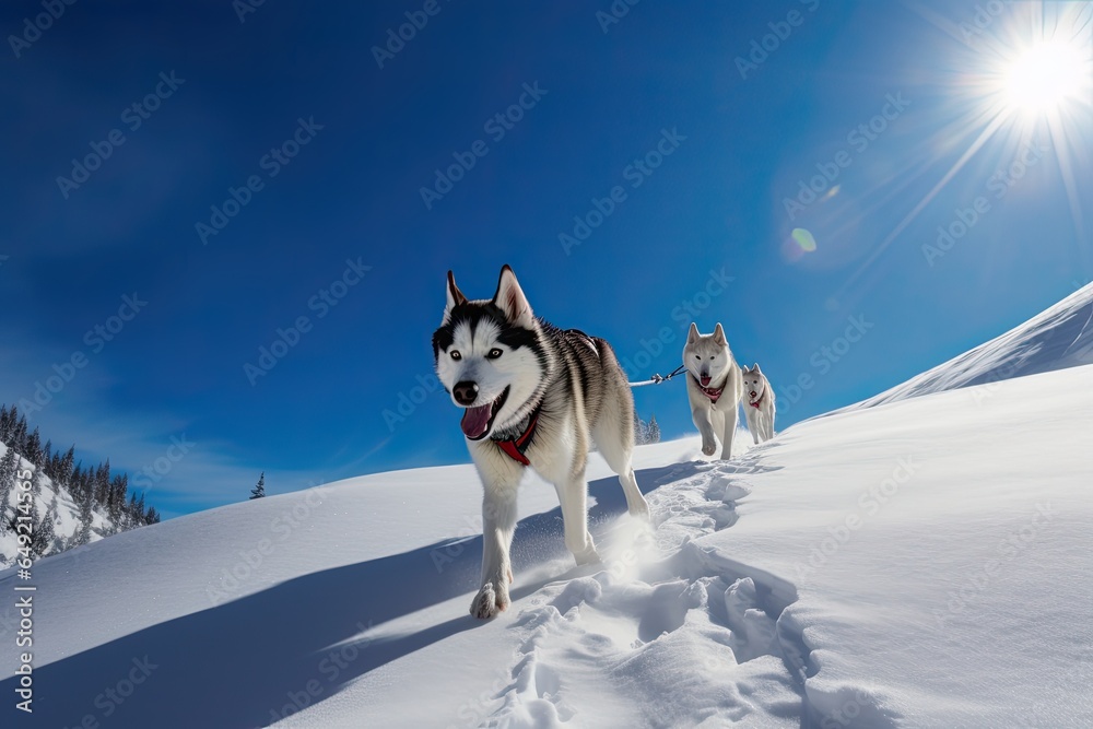 Naklejka premium In the depths of winter, on a sunny winter day, a team of huskies races through the snow.