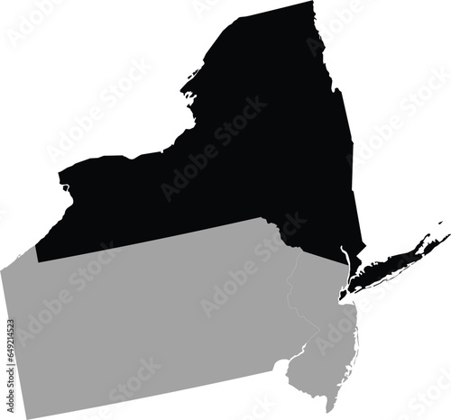 Black Map of US federal state of New York within the gray map of Mid - Atlantic region of United States of America