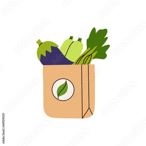 Vegetables in eco bag. Grocery products in eco package. Modern shopper with fresh organic healthy vegetarian food. Eggplant and greenery. Local market. Autumn harvest cartoon flat vector illustration