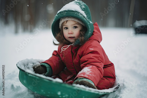 A young girl, dressed in winter clothes, joyfully plays on a sled in a beautiful snowy forest.