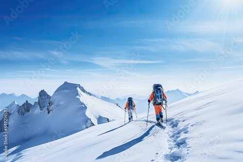 Brave climbers embark on a daring winter adventure, traveling through snowy landscapes and achieving scenic success.