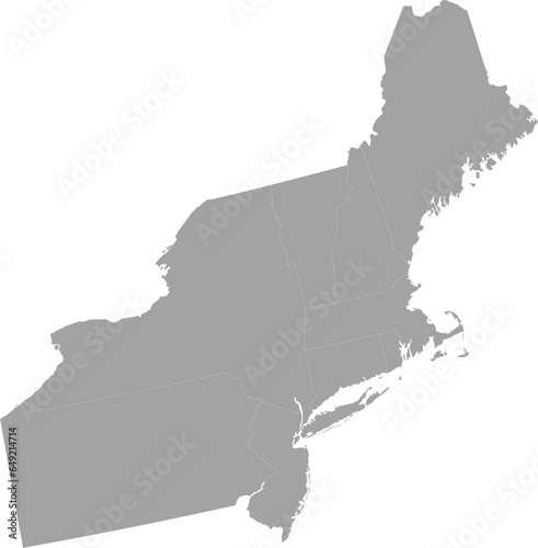 Gray Map of US federal states of Northeast region of United States of America
