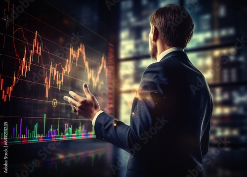 An illustration portrays a businessman's protective gesture over an upward-trending virtual investment graph and chart, underlining the trader's commitment to stock market analysis trends and technica photo