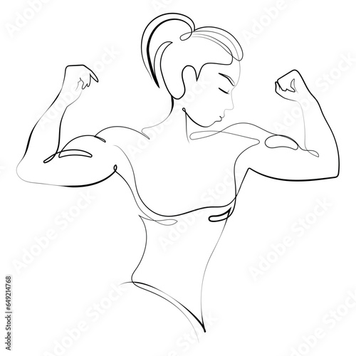 Fitness woman with an athletic body shows her biceps muscles One line drawing logo, emblem, poster print design. Vector black and white illustration. Female Bodybuilder line art