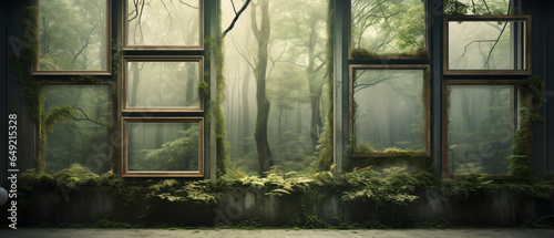 Wall with frames and forest outside the window