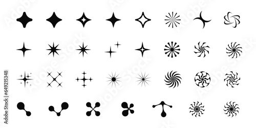 Set of retro graphic shapes, stars, sparkles, blinks, round tribal stickers, metaballs, y2k symbols, vector black badges.
