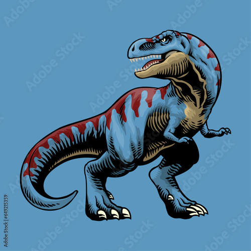 Blue T-Rex With Red Stripe Hand Draw Illustration in Vintage Style