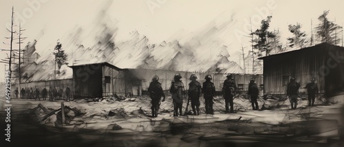 World War II prisoner of war POW camp scene illustration.