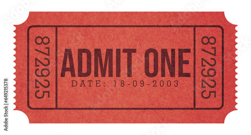 Vintage paper admit one ticket isolated on transparent background.