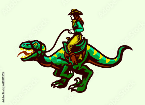 Cowgirl Riding Raptor in Retro Vintage Style