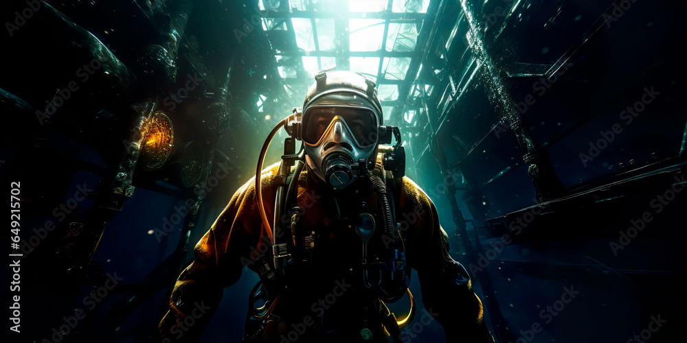 diver inspecting the bottom of a ship. Generative AI diver inspecting the bottom of a ship. Generative AI