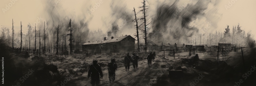 Fototapeta premium World War II prisoner of war POW camp scene illustration.