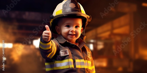 little firefighter wearing a hard hat and putting out an imaginary fire. Generative AI photo