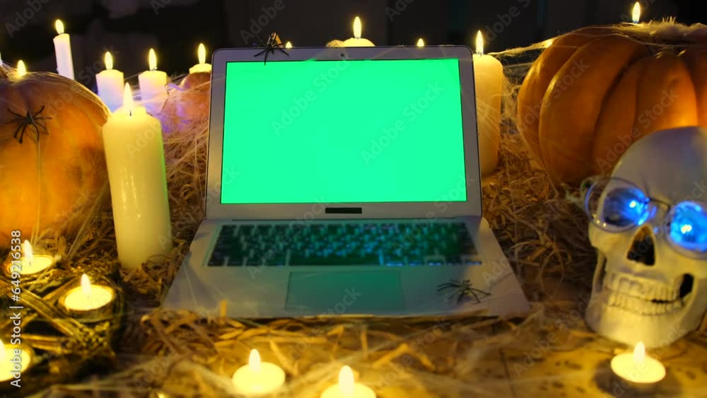 Tracking movement, laptop with green screen against Halloween ...
