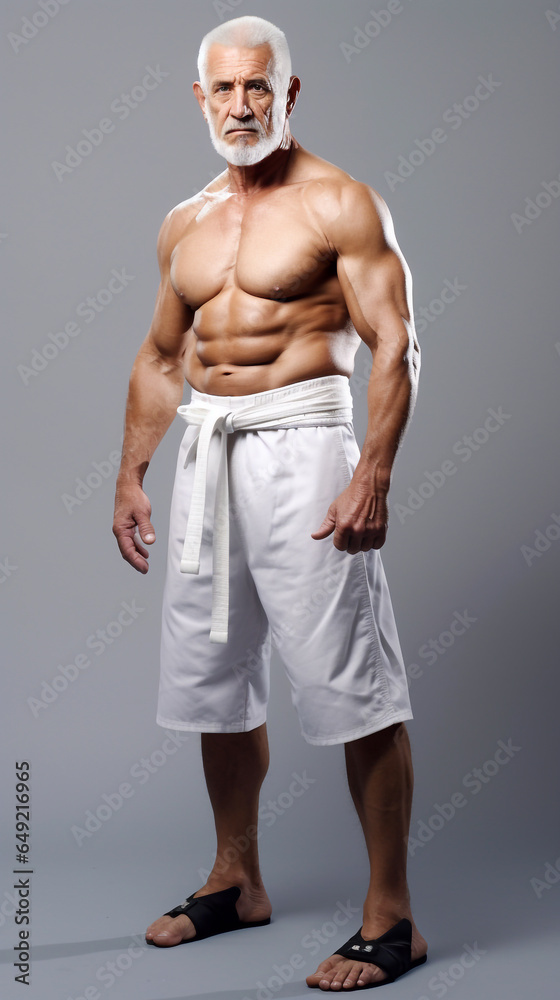 Very muscular and in perfect physical shape senior man posing - Isolated on grey background