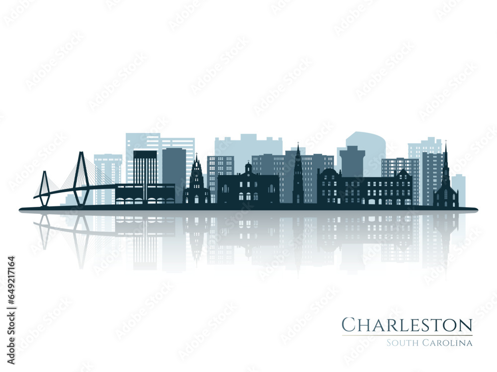 Naklejka premium Charleston skyline silhouette with reflection. Landscape Charleston, South Carolina. Vector illustration.