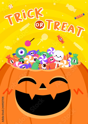 Trick or Treat Candies In Happy Pumpkin Invitation Card : Invite friends to a Halloween bash with this pumpkin-filled card! Overflowing with candies, A fun party. A friendly Jack-o'-lantern.
