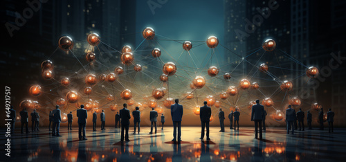 Many Business Men standing up back with dark color suits looking their network of golden spheres in front of a dark skyscrappers city view - AI generated