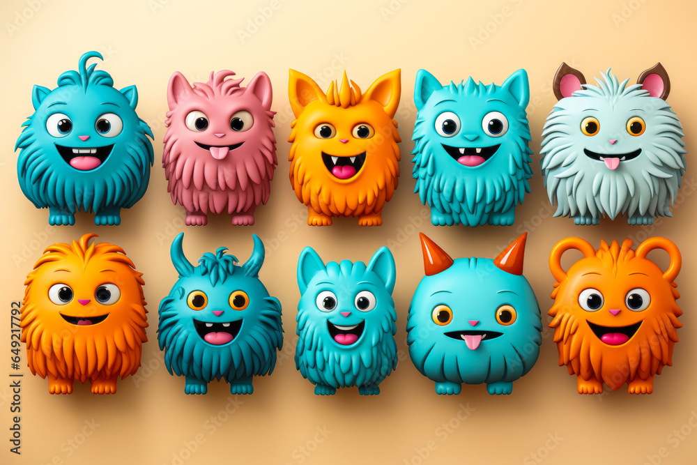 Fototapeta premium Charming series of Halloween monsters in flat design, arrayed as a frieze against a solid plain background. Perfect for festive designs.