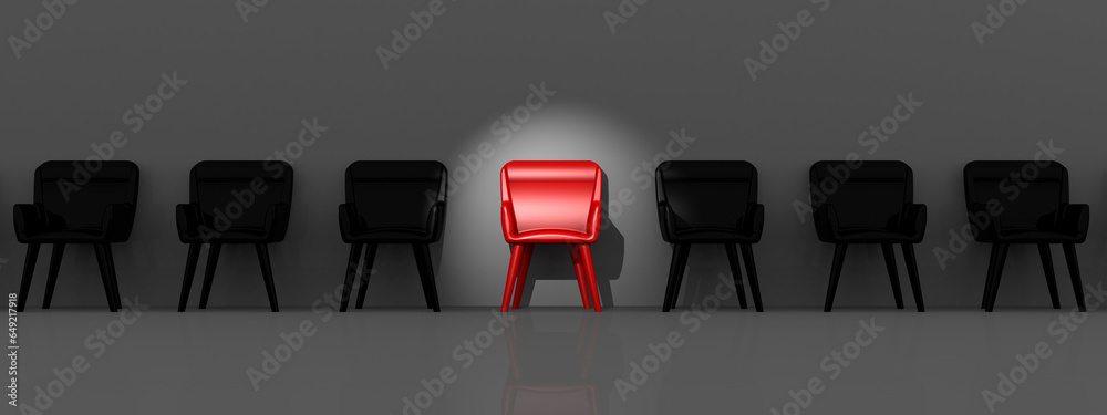 Recruitment concept with selected red chair - obrazy, fototapety, plakaty 