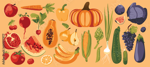 Set of fresh fruits and vegetables as rainbow design elements. Agriculture, farmers market, local produce, shopping and harvesting, text poster. Vector flat illustration