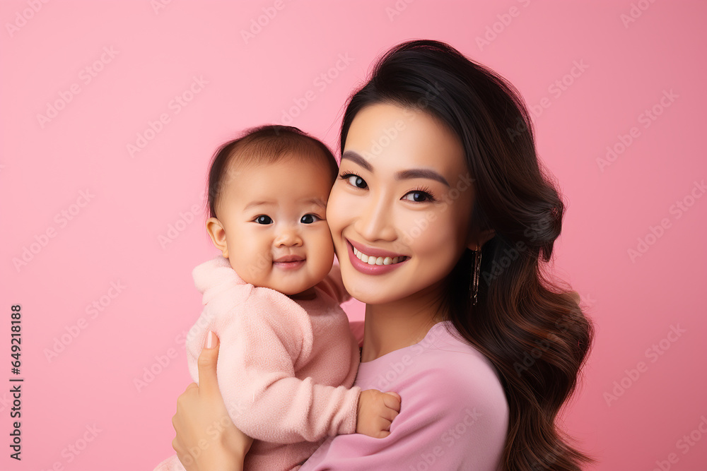 Studio portrait of beautiful woman mother holding her baby smiling on different colours background Studio portrait of beautiful woman mother holding her baby smiling on different colours background
